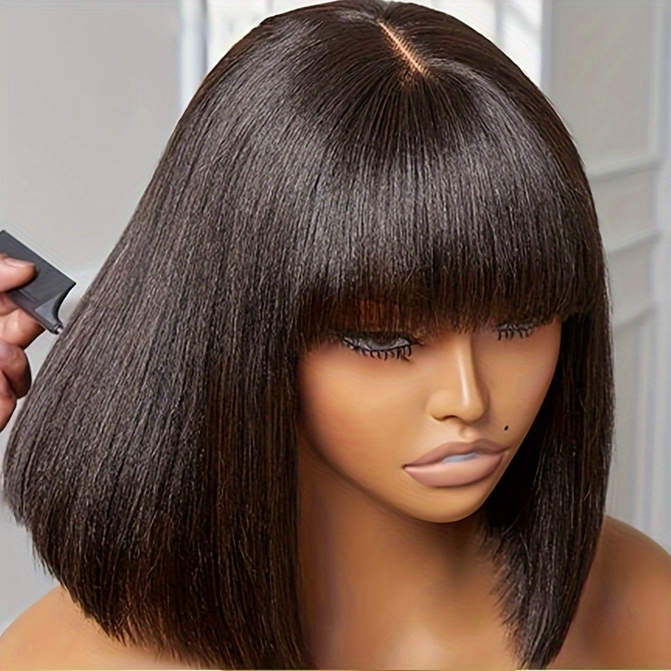 Women's Straight Bob Wig with Bangs - Glueless Human Hair Wig, Pre-plucked with Baby Hair, 150% Density, Versatile 2x4 Lace Area, Basic Style, Universal Fit