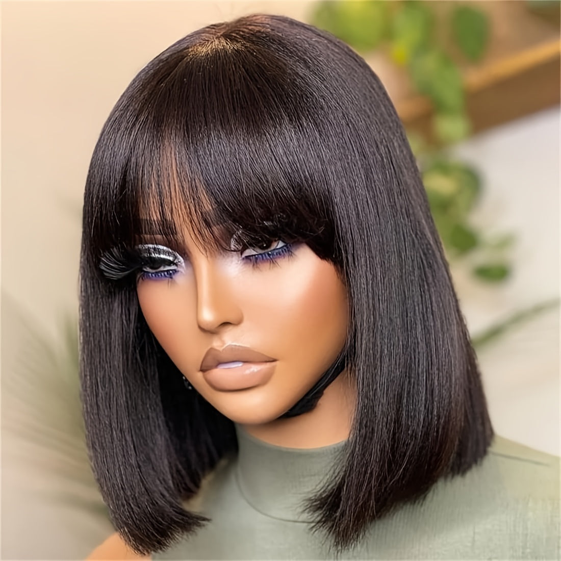 Funkygirl Short Bob Human Hair Wig with Bangs, 150% Density, Straight, Glueless Full Machine Made, Rose Cap, Women'S Real Hair Wig, Basic Style