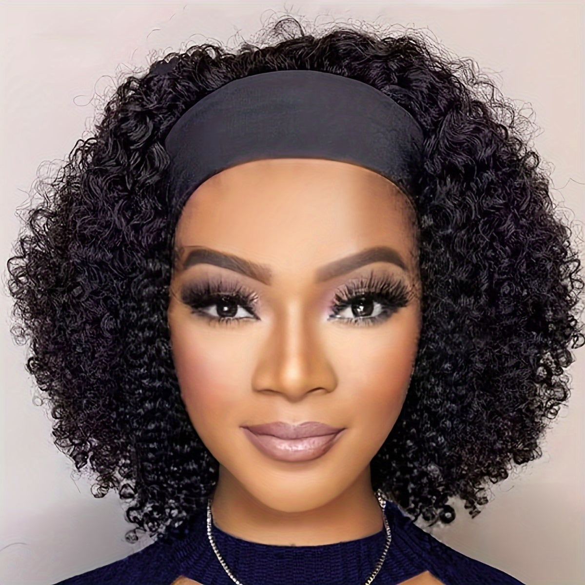 Luxurious Kinky Curly Headband Wig - 150% Density Brazilian Virgin Human Hair, Natural Black,, Glueless with Random Headband