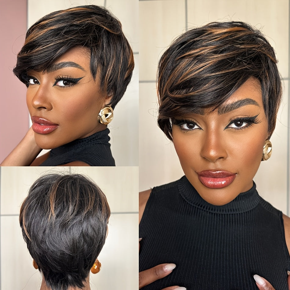 Chic Pixie Cut Wig for Women - 20.32cm Short Straight Human Hair, 180% Density with Rose Net Cap, Full Machine Made - Ideal for Daily Wear & Cosplay, Short Pixie Cut, Human Hair Wig