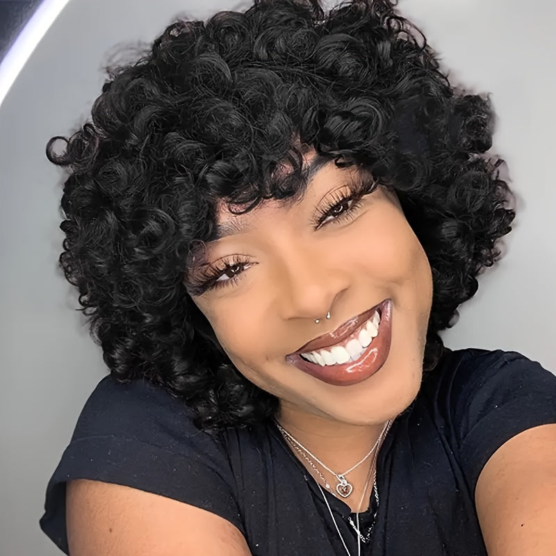 Women'S 100% Human Hair Short Bob Wig, Afro Loose Curls with Bangs, Pixie Cut, Bouncy 180% Density, Rose Cap, Glueless Put-On Wig for All Ethnicities