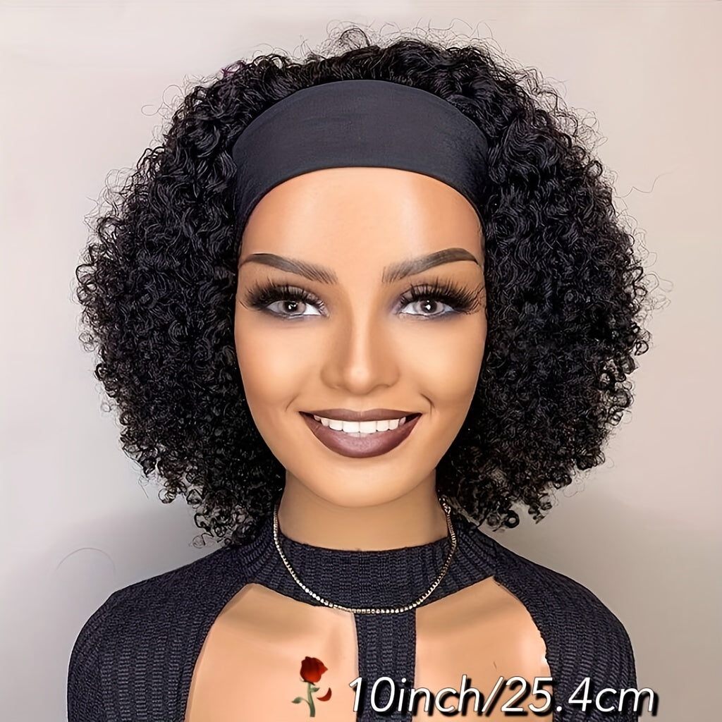 Luxurious Kinky Curly Headband Wig - 150% Density Brazilian Virgin Human Hair, Natural Black,, Glueless with Random Headband