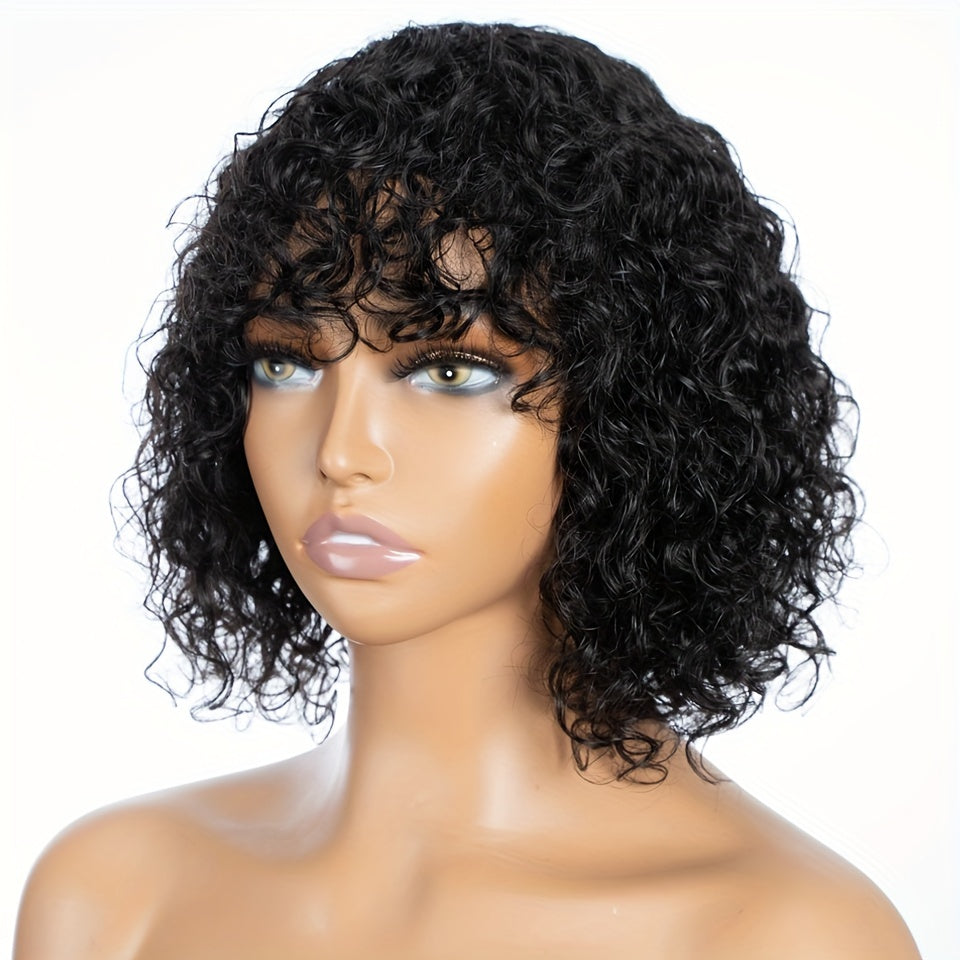 Brown Color Kinky Curly Human Hair Wigs With Bangs Glueless Wig Remy Brazilian Short Curly Human Hair Wig