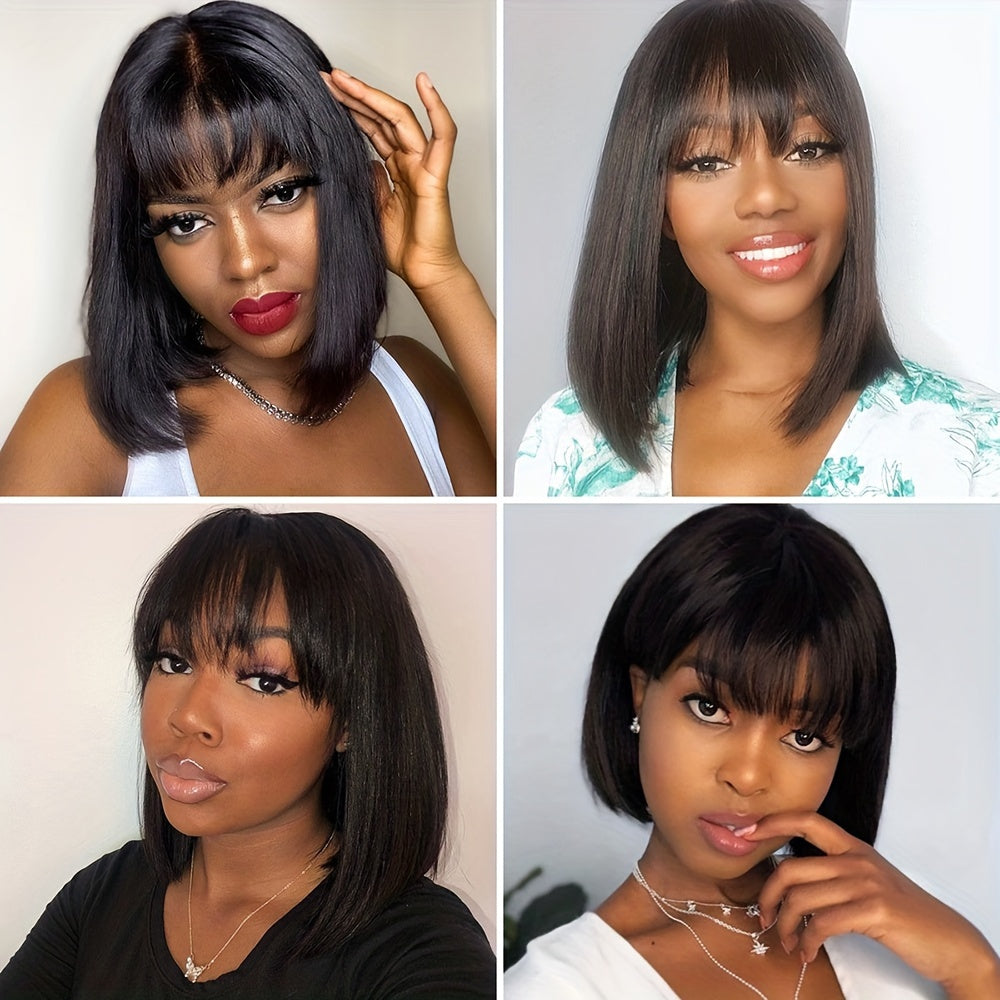 Funkygirl Short Bob Human Hair Wig with Bangs, 150% Density, Straight, Glueless Full Machine Made, Rose Cap, Women'S Real Hair Wig, Basic Style