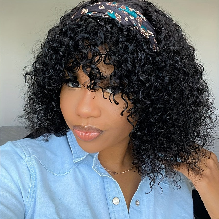 Ready To Go Glueless Water Wave Curls Machine Made Bob Wig and Glueless Short Curly Human Hair Bob Wig Machine Made Wig 100% Human Hair Wig With Bangs For Women 180% Density Full Machine Made Wig Natural Black Color 25.4 cm