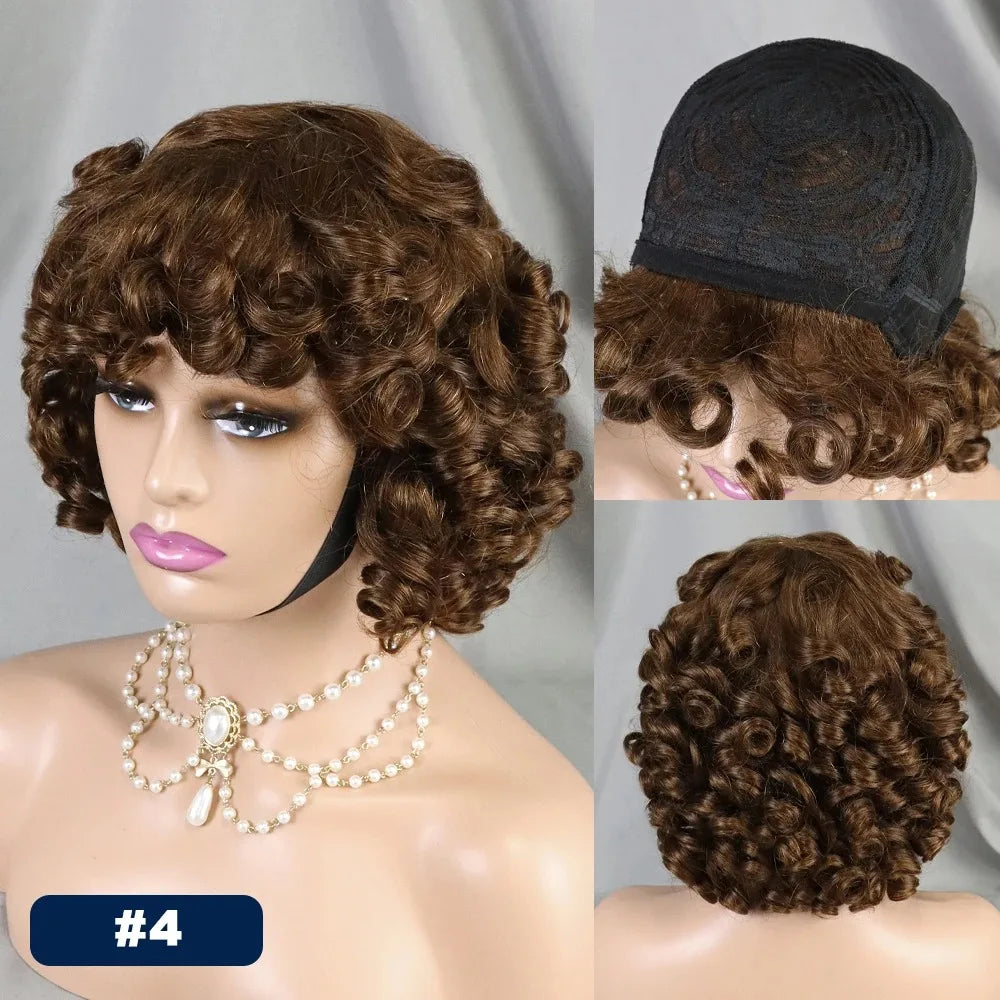 200% #4 Chocolate Brown Bouncy Curly Human Hair Wigs with Bangs Short Afro Kinky Curly Full Machine Made Wig Brazilian Remy Hair