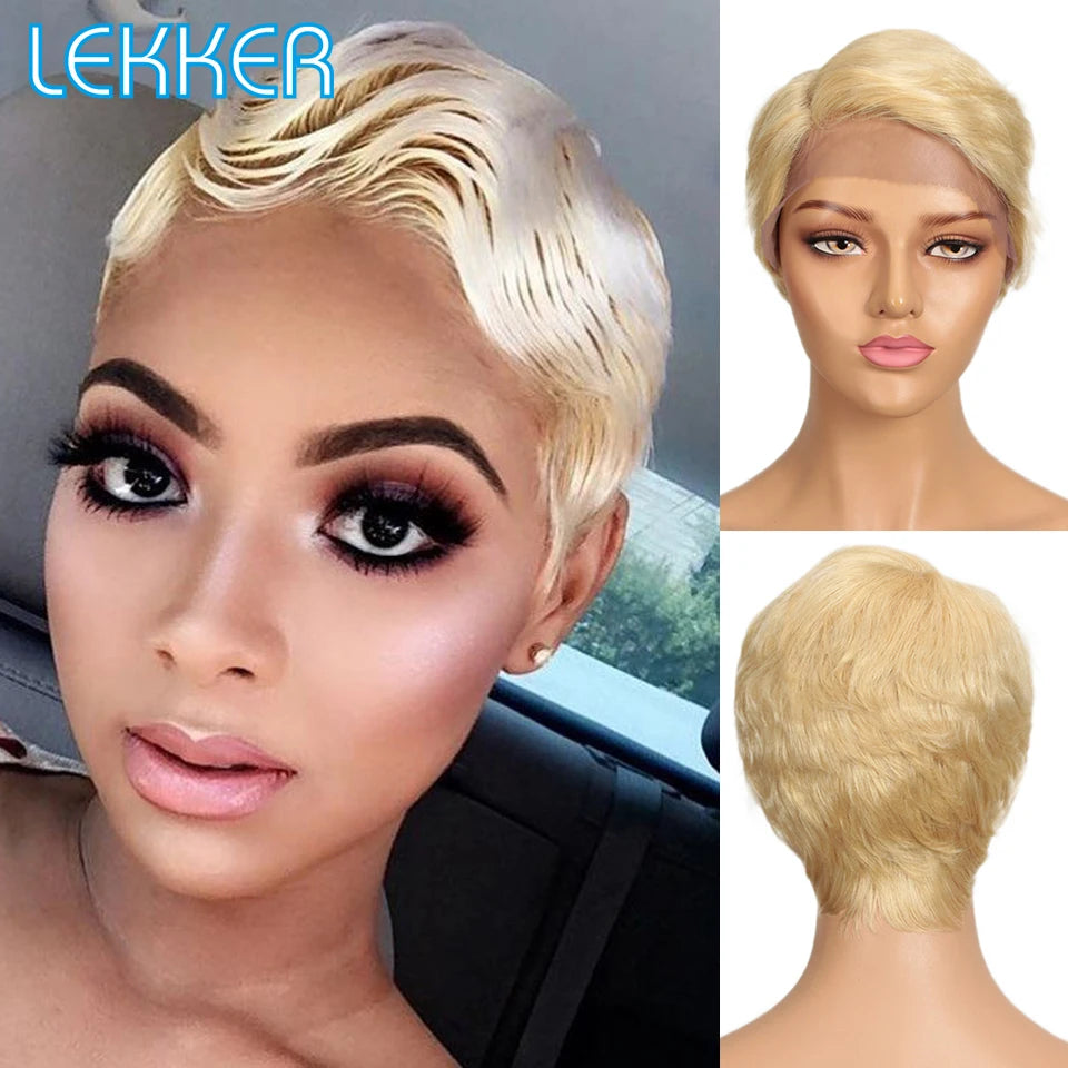 Lekker Short Pixie Cut 13X1 Lace Front 100% Human Hair Wigs For Women Glueless Ready to Wear Brazilian Remy Hair Colored Wigs