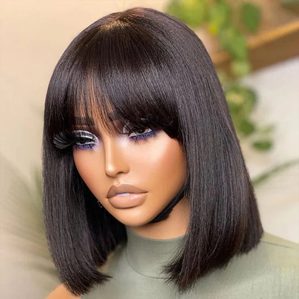 8-14” 180D Ready To Wear Straight Human Hair Bob Wigs With Bangs Fringe Brazilian Realastic Scalp Straight Lace Bob Wigs