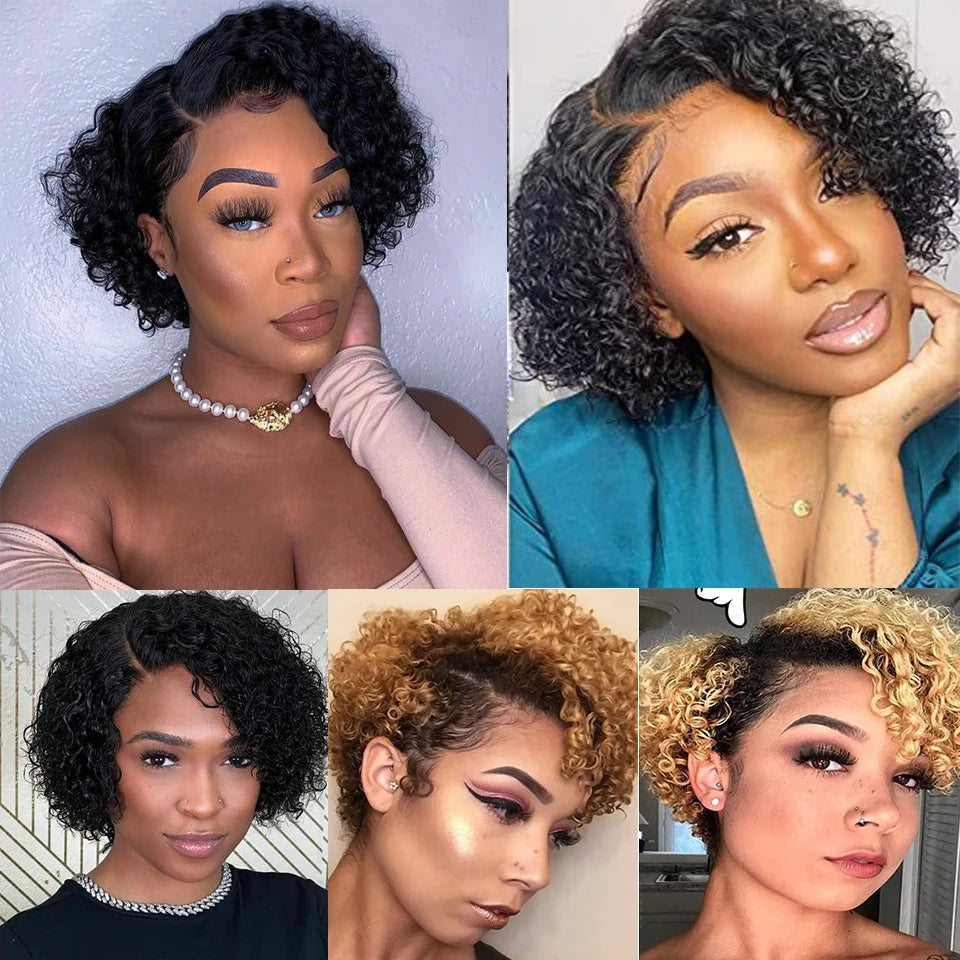 Natural Brown Hair Pixie Cut Wig Short Bob Curly Human Hair Wig 13x1 Lace Front Transparent Deep Curly Hair Lace Wig Preplucked