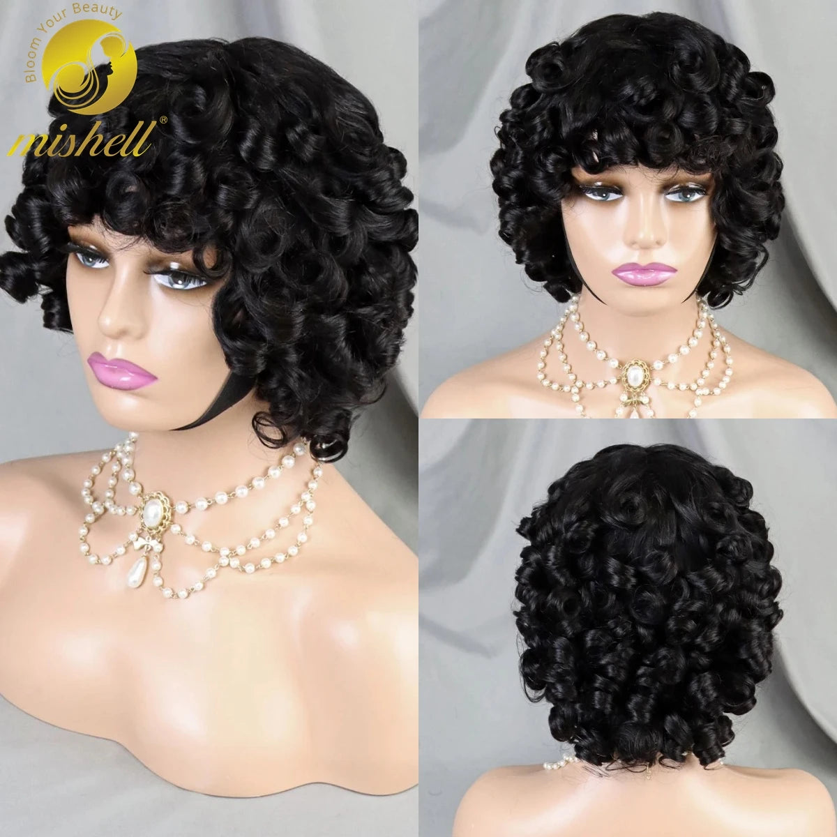 200% #4 Chocolate Brown Bouncy Curly Human Hair Wigs with Bangs Short Afro Kinky Curly Full Machine Made Wig Brazilian Remy Hair