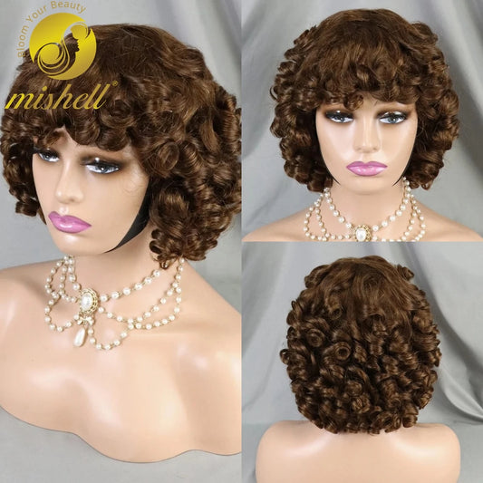 200% #4 Chocolate Brown Bouncy Curly Human Hair Wigs with Bangs Short Afro Kinky Curly Full Machine Made Wig Brazilian Remy Hair