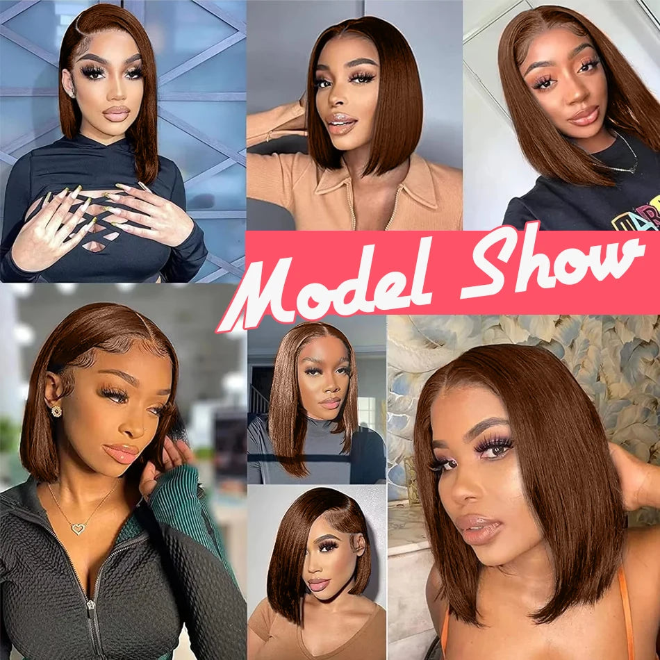 Brazilian Chocolate Brown Bone Straight 13x4 HD Transparent Lace Frontal Human Hair Wigs #2 Colored Short Bob Wig For Women 250%