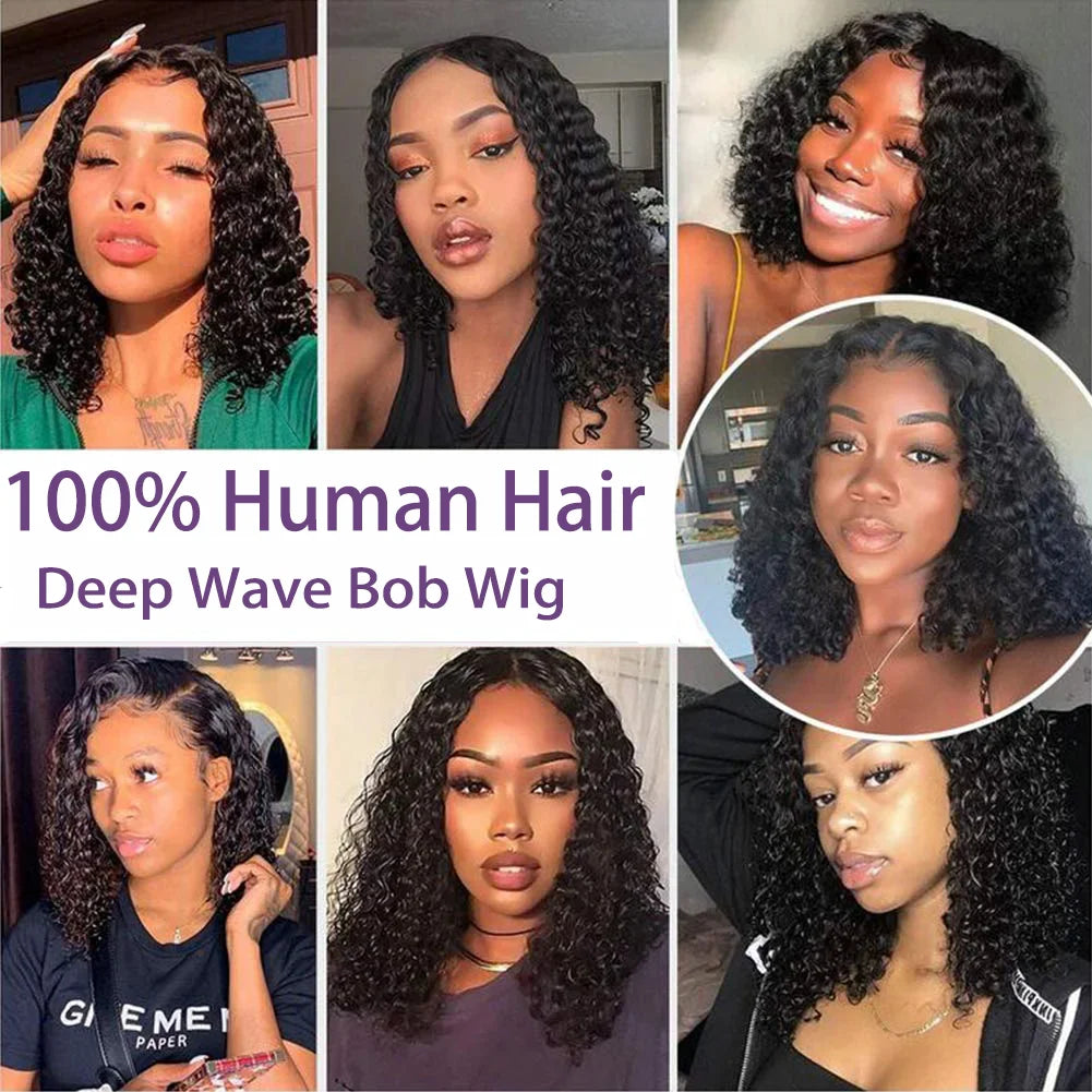 Water Wave 13x4 Bob Wigs Curly Deep Wig 100% Human Hair Wig 4x4 Lace Frontal Wigs For Women Pre Plucked 12 14 16 Inch Human Hair