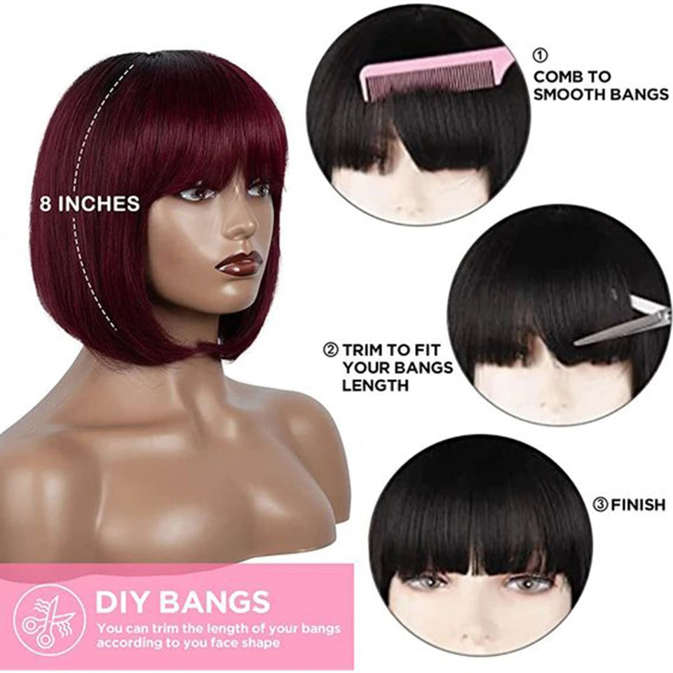 8-14” 180D Ready To Wear Straight Human Hair Bob Wigs With Bangs Fringe Brazilian Realastic Scalp Straight Lace Bob Wigs