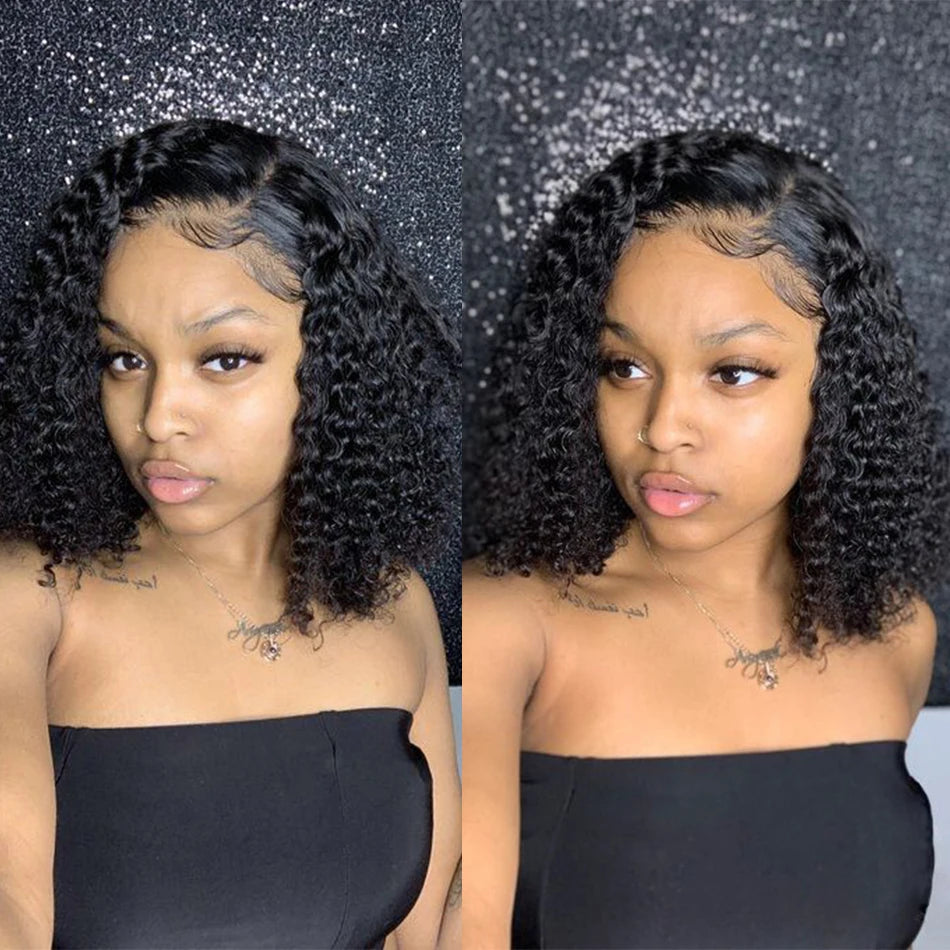 Kinky Curly 13X4 Lace Frontal 100% Human Hair Wigs Short Bob Wigs for Women Glueless Transparent Lace Front Wigs 180% Tissage