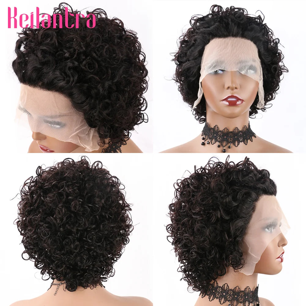 Pixie Cut Wig Colored Lace Wig Spring curl Short Bob Human Hair Wig For Women Natural Black Color Human Hair Cheap Wig 13X1