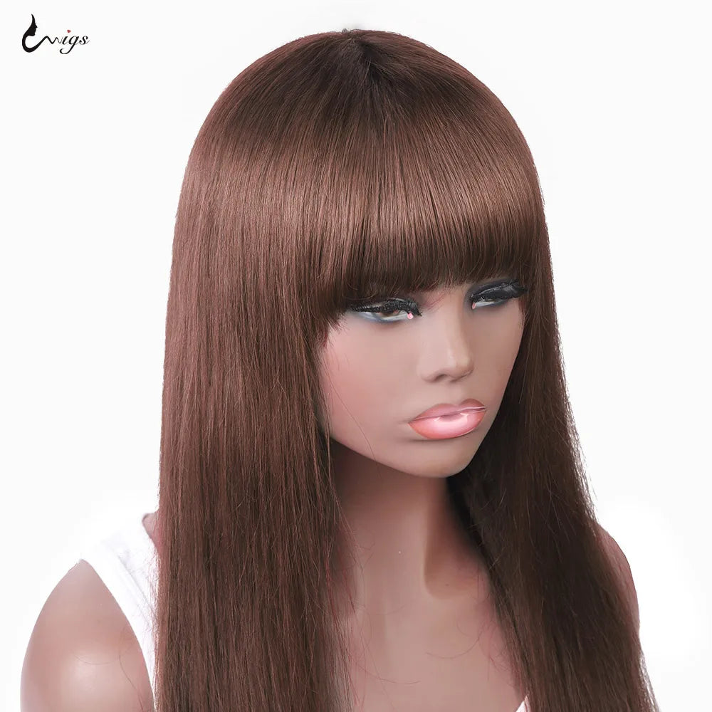 Uwigs #4 Brown Straight Human Hair Wig With Bangs Full Machine Made Wig 250 Density Straight Brazilian 100% Human Hair Wigs