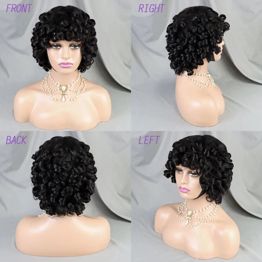 200% #4 Chocolate Brown Bouncy Curly Human Hair Wigs with Bangs Short Afro Kinky Curly Full Machine Made Wig Brazilian Remy Hair