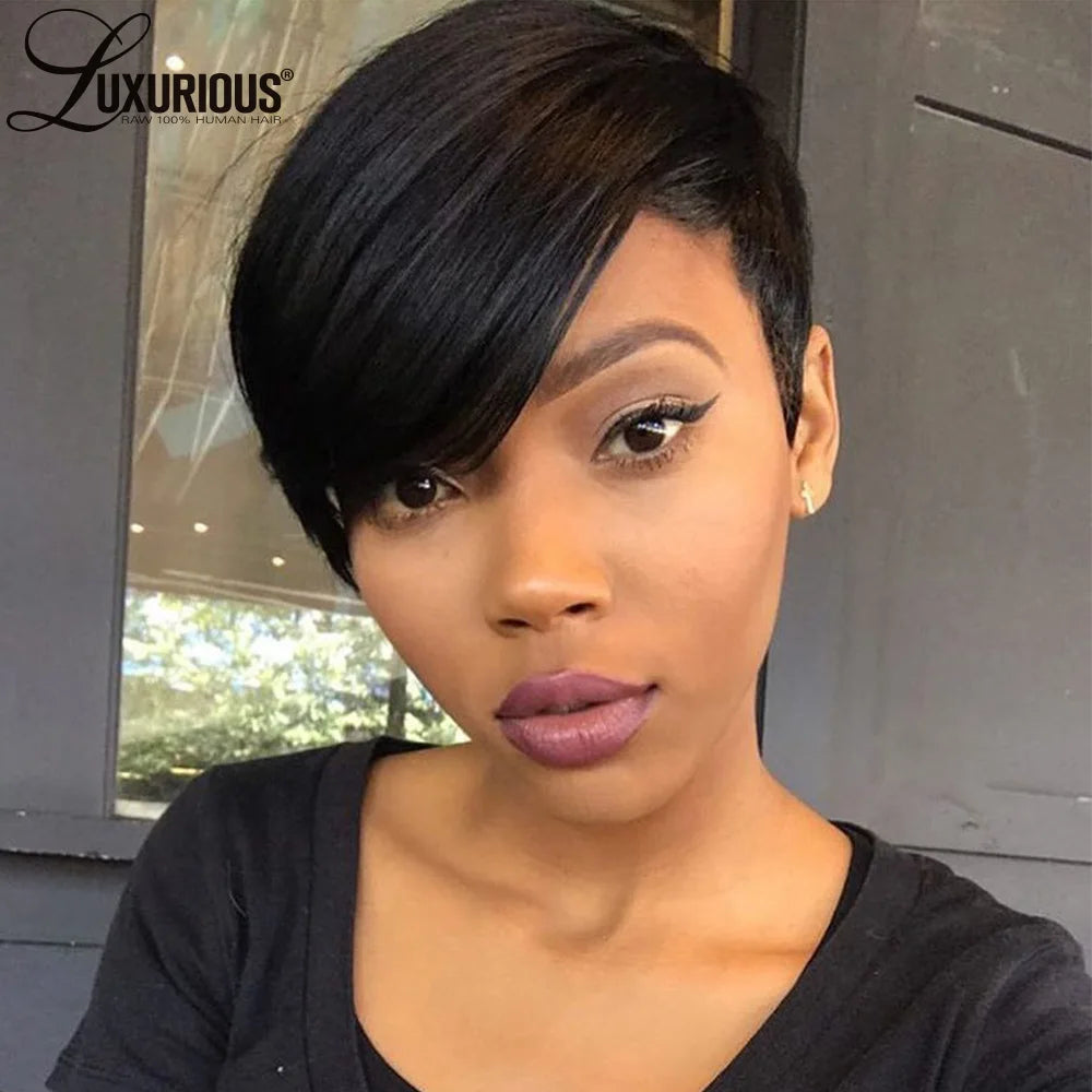 Straight Glueless Short Pixie Cut Wig For Women Wear And Go Pre Plucked Wigs Brazilian Virgin Remy Human Hair Machine Made Wig