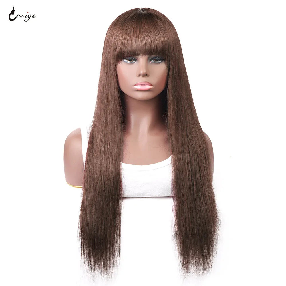 Uwigs #4 Brown Straight Human Hair Wig With Bangs Full Machine Made Wig 250 Density Straight Brazilian 100% Human Hair Wigs