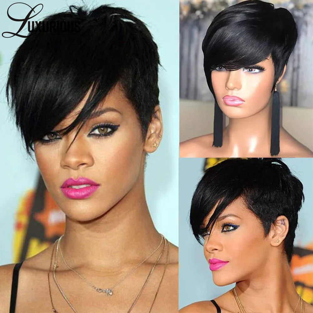 Straight Glueless Short Pixie Cut Wig For Women Wear And Go Pre Plucked Wigs Brazilian Virgin Remy Human Hair Machine Made Wig