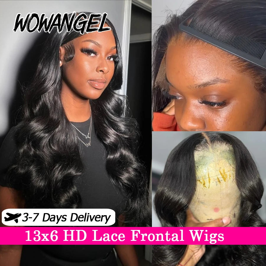 34in Jet Black 13x6 HD Lace Full Frontal Wigs 250% Body Wave Human Hair Wig Melt Skins Pre Plucked Remy Wavy Hair For Women