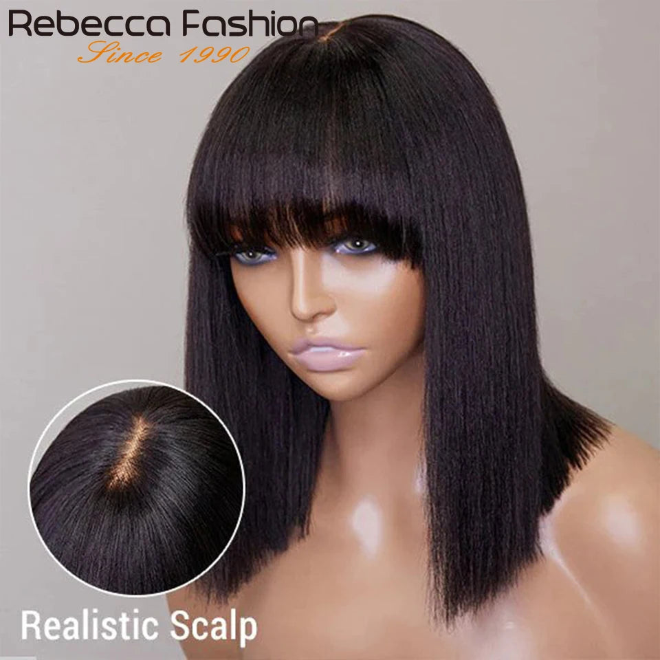 8-14” 180D Ready To Wear Straight Human Hair Bob Wigs With Bangs Fringe Brazilian Realastic Scalp Straight Lace Bob Wigs