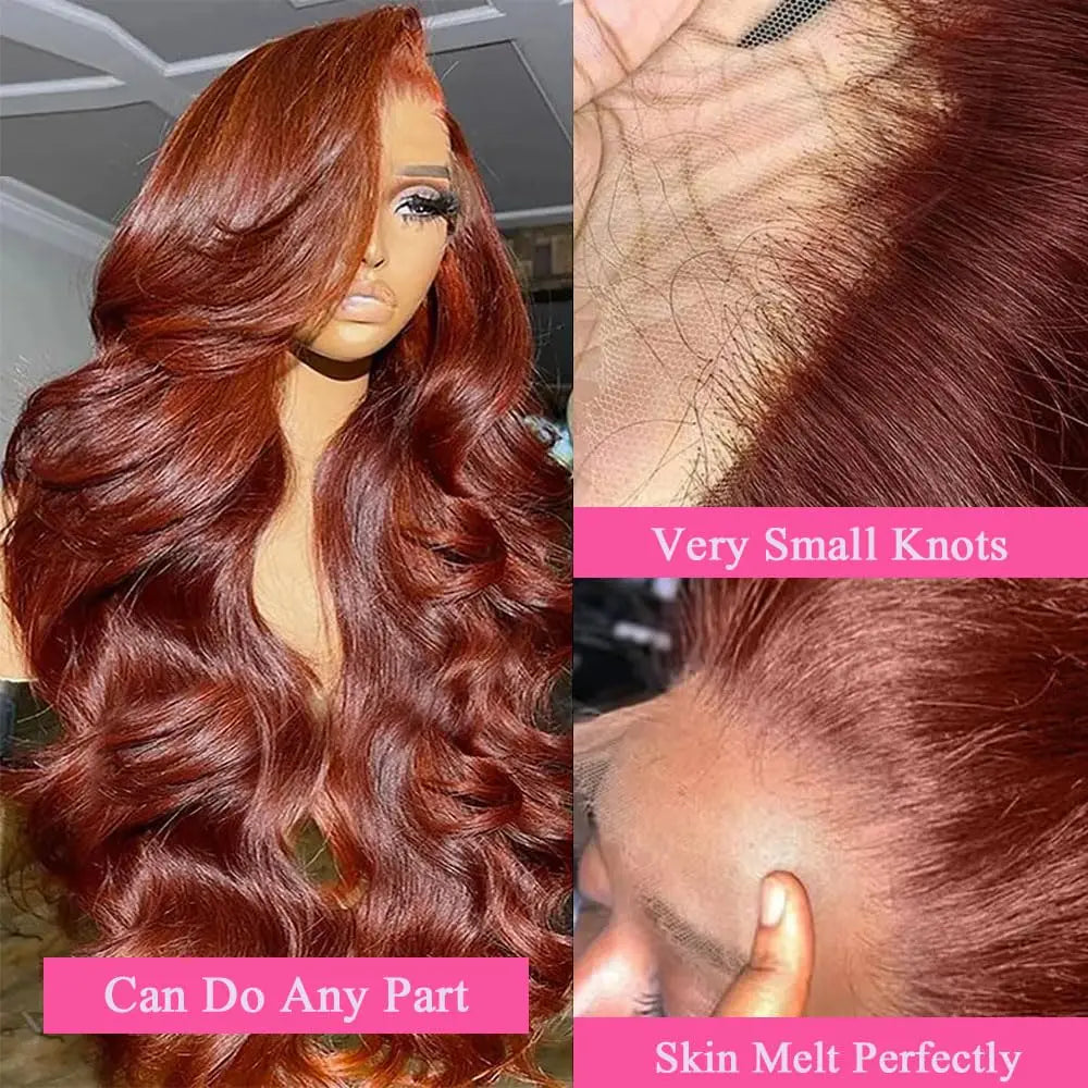 Reddish Brown 13x6 Lace Front Wigs Human Hair Pre Plucked 180% Density Body Wave Auburn Colored Human Hair Lace Frontal Wig