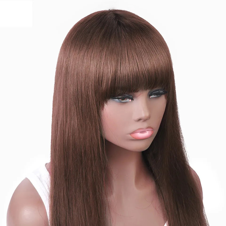 Uwigs #4 Brown Straight Human Hair Wig With Bangs Full Machine Made Wig 250 Density Straight Brazilian 100% Human Hair Wigs