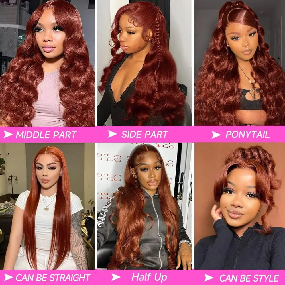 Reddish Brown 13x6 Lace Front Wigs Human Hair Pre Plucked 180% Density Body Wave Auburn Colored Human Hair Lace Frontal Wig