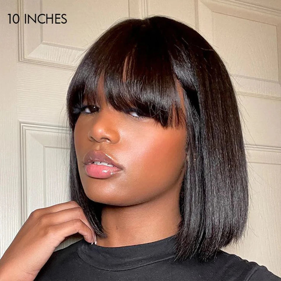 8-14” 180D Ready To Wear Straight Human Hair Bob Wigs With Bangs Fringe Brazilian Realastic Scalp Straight Lace Bob Wigs