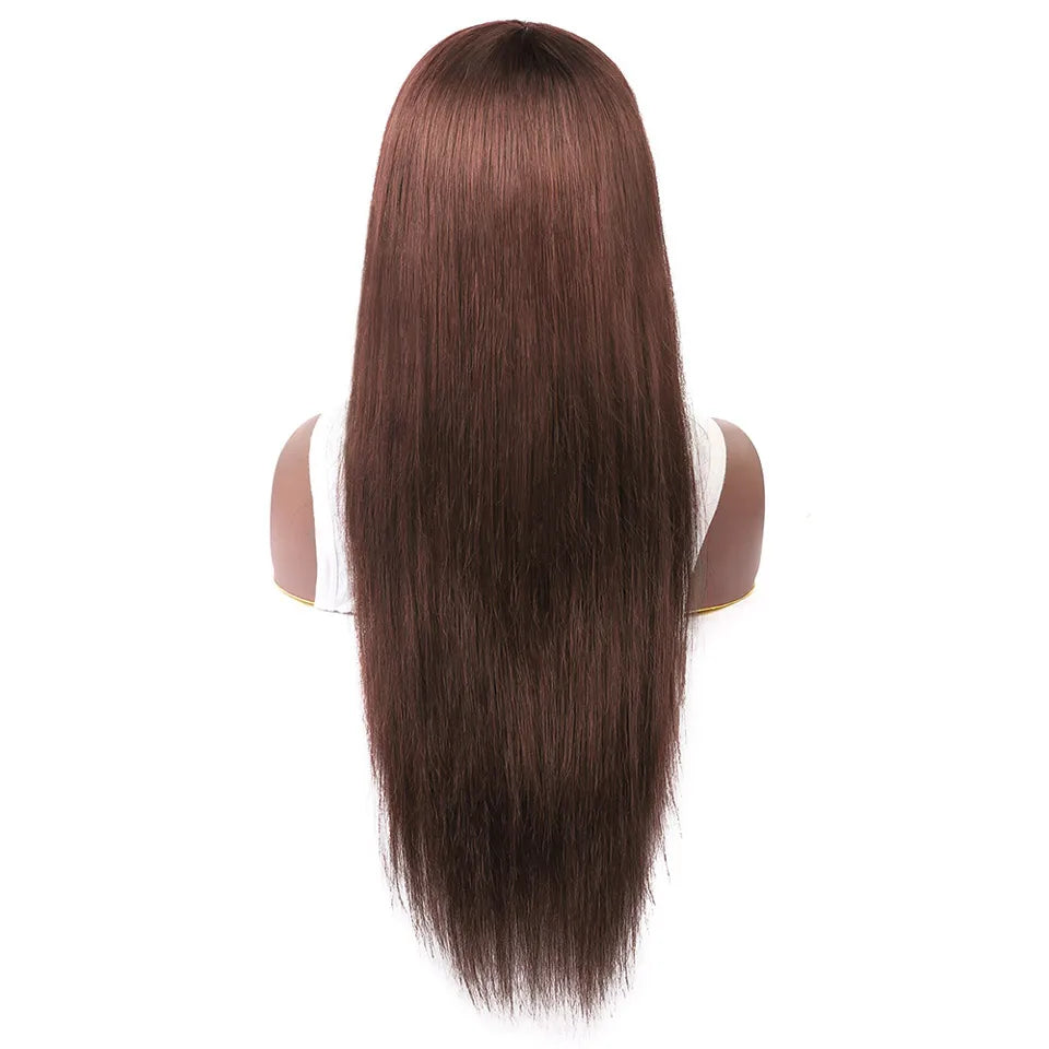 Uwigs #4 Brown Straight Human Hair Wig With Bangs Full Machine Made Wig 250 Density Straight Brazilian 100% Human Hair Wigs