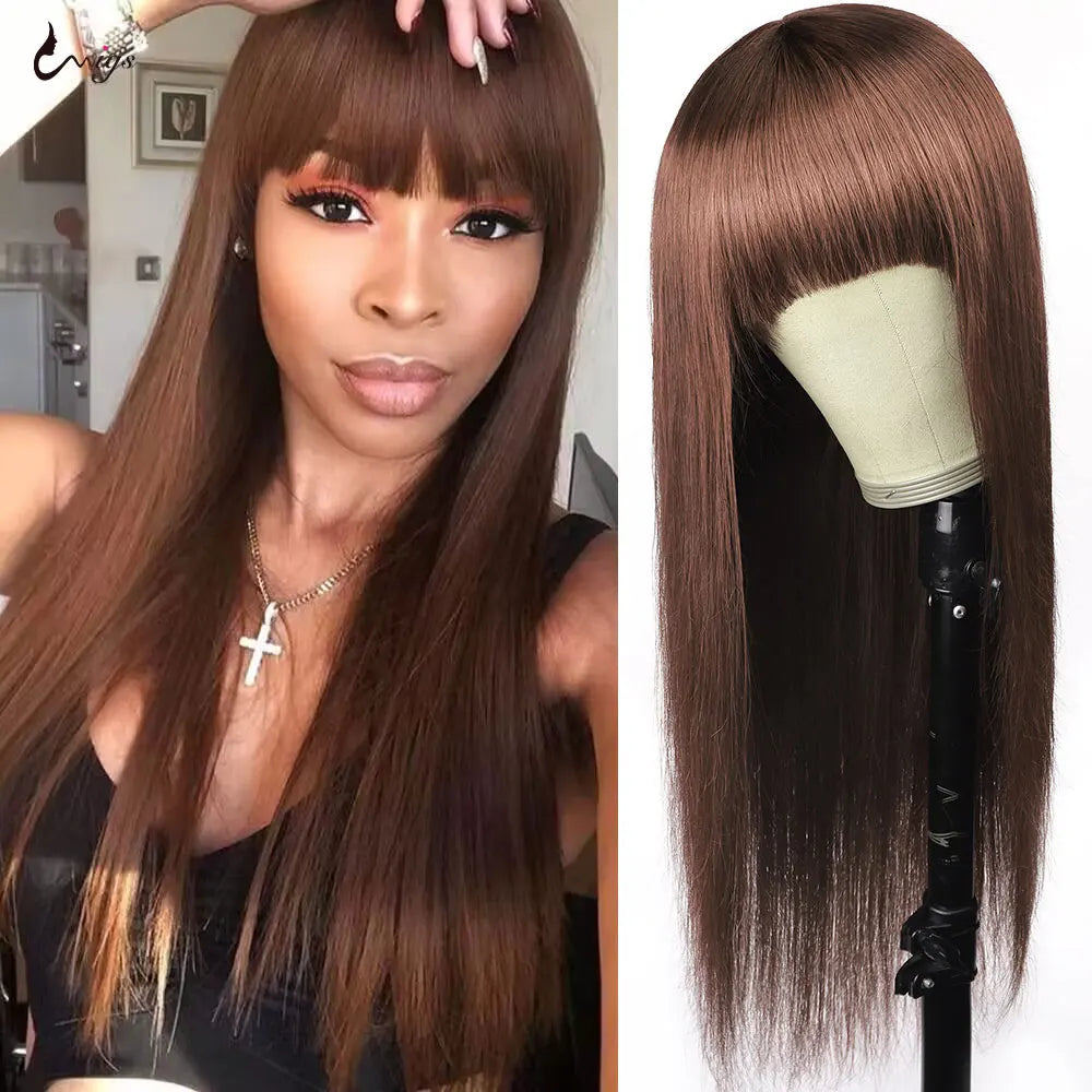 Uwigs #4 Brown Straight Human Hair Wig With Bangs Full Machine Made Wig 250 Density Straight Brazilian 100% Human Hair Wigs