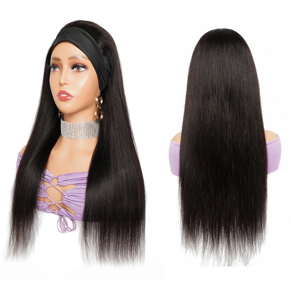 Straight Headband Wig Human Hair Full Machine Made Glueless Wig Brazilian Natural Hair Wig for Black Women 150% Density Remy