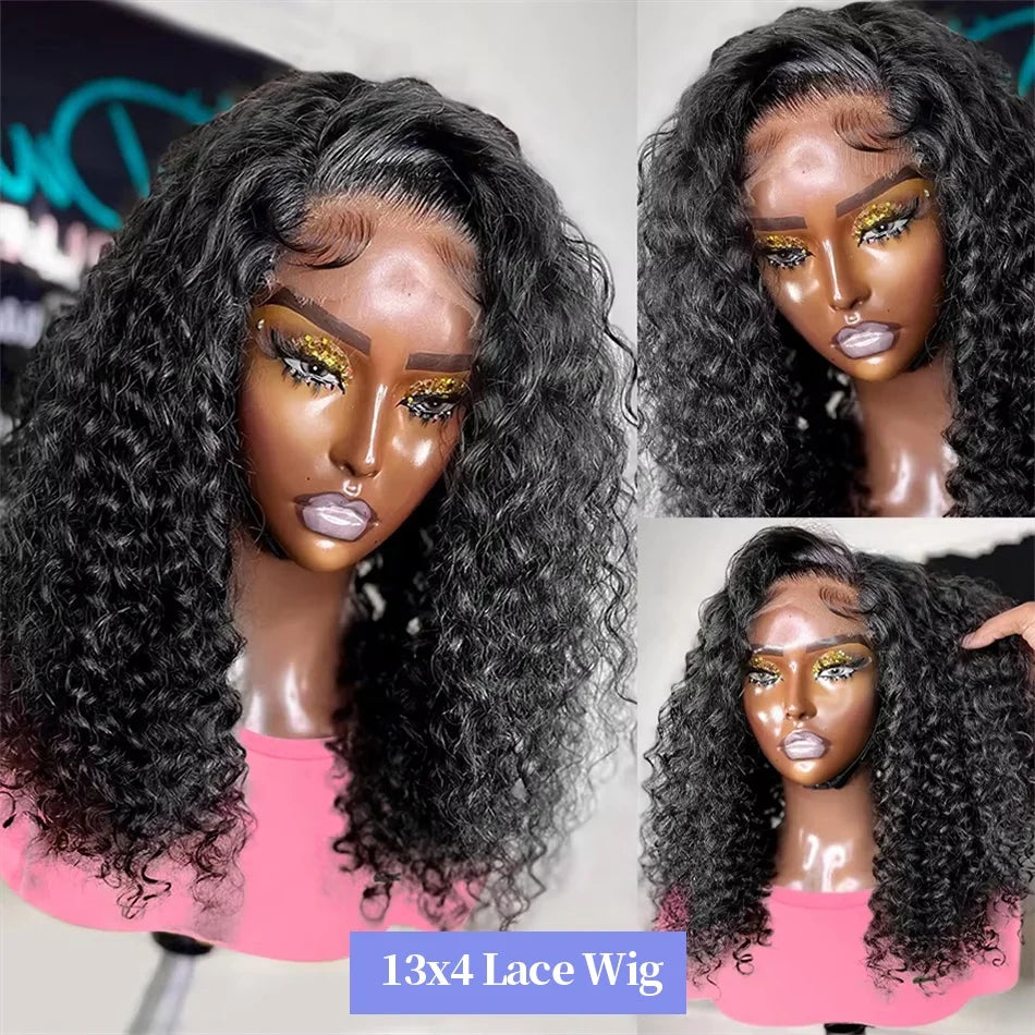 Curly Wig 100% Human Hair 13x4 Lace Frontal Brazilian Remy Wigs Natural Black 4x4 Lace Front 200%