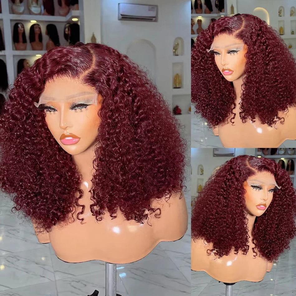 99J Burgundy Short Bob Wigs Human Hair 13x4 Lace Front Wig Deep Wave Pre plucked Transparent Lace Frontal Wig 250 Density