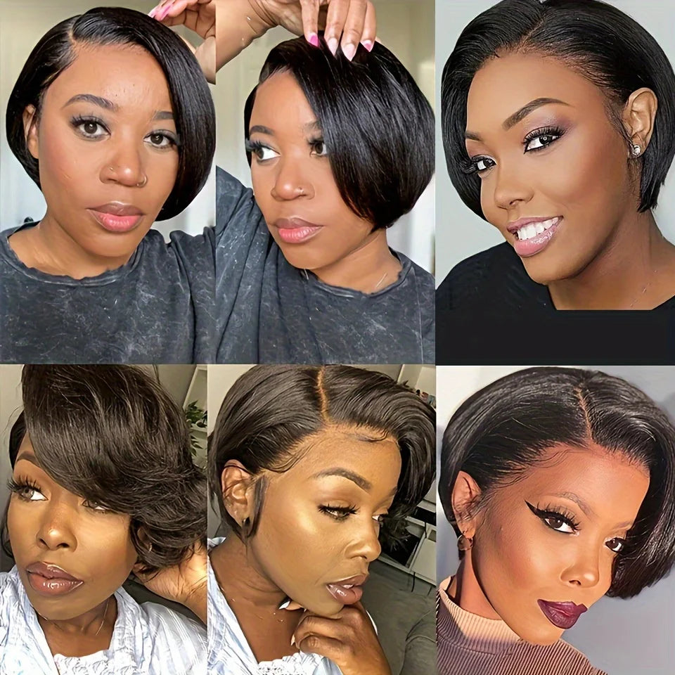 13x4 Transparent Lace Front Wigs Human Hair Straight Hair Short Pixie Cut Human Hair Wigs For Women Pre Plucked Black Color