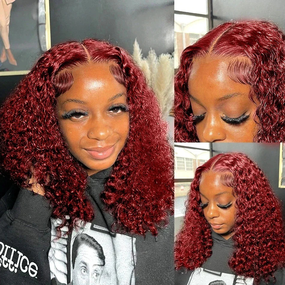 99J Colored Curly Deep Water Wave Lace Front Wig Burgundy Red Remy Short Cut Bob Frontal Human Hair Wigs Women Pre Plucked Wigs