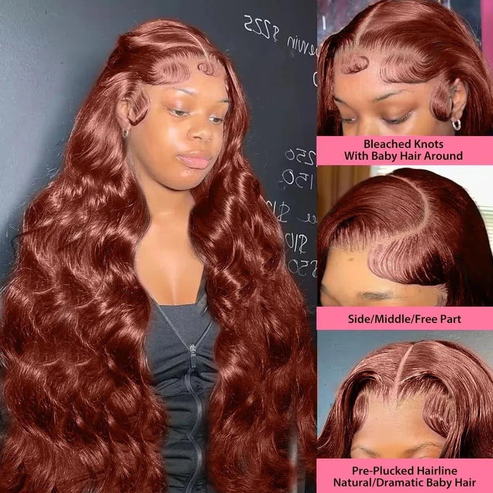 Reddish Brown 13x6 Lace Front Wigs Human Hair Pre Plucked 180% Density Body Wave Auburn Colored Human Hair Lace Frontal Wig