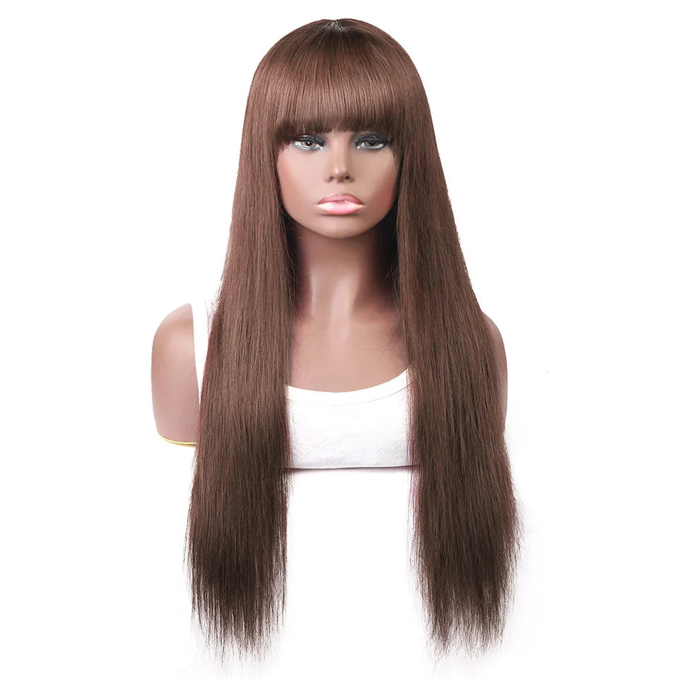 Uwigs #4 Brown Straight Human Hair Wig With Bangs Full Machine Made Wig 250 Density Straight Brazilian 100% Human Hair Wigs