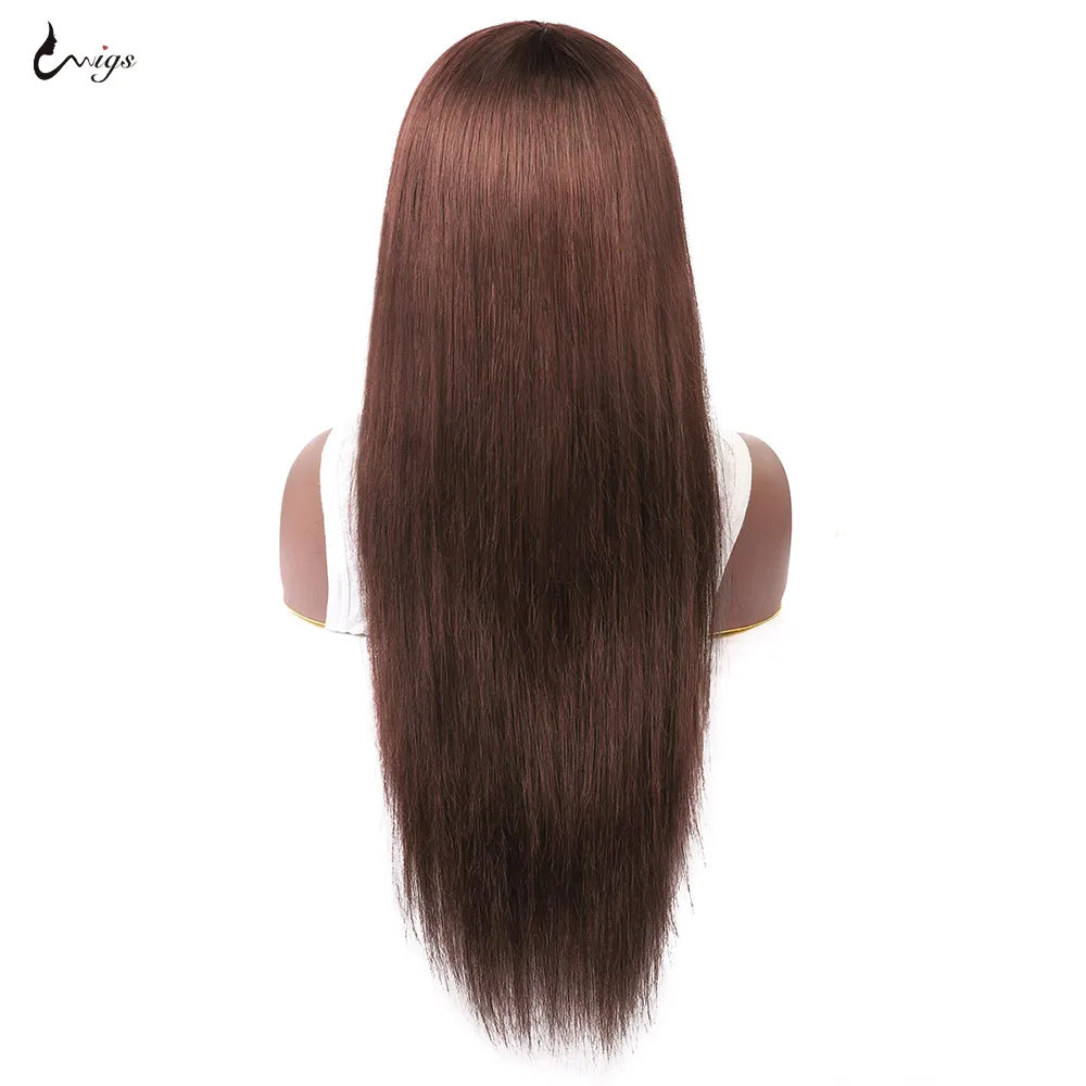 Uwigs #4 Brown Straight Human Hair Wig With Bangs Full Machine Made Wig 250 Density Straight Brazilian 100% Human Hair Wigs