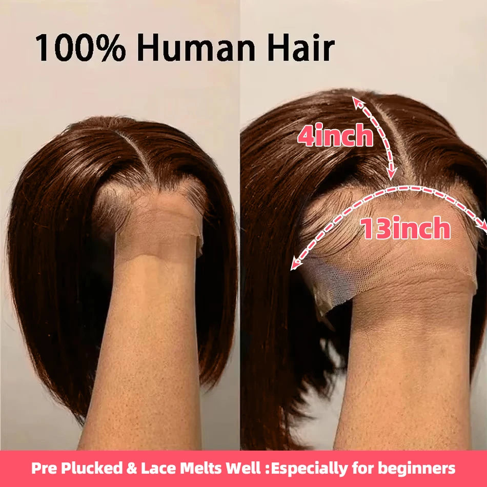 Brazilian Chocolate Brown Bone Straight 13x4 HD Transparent Lace Frontal Human Hair Wigs #2 Colored Short Bob Wig For Women 250%