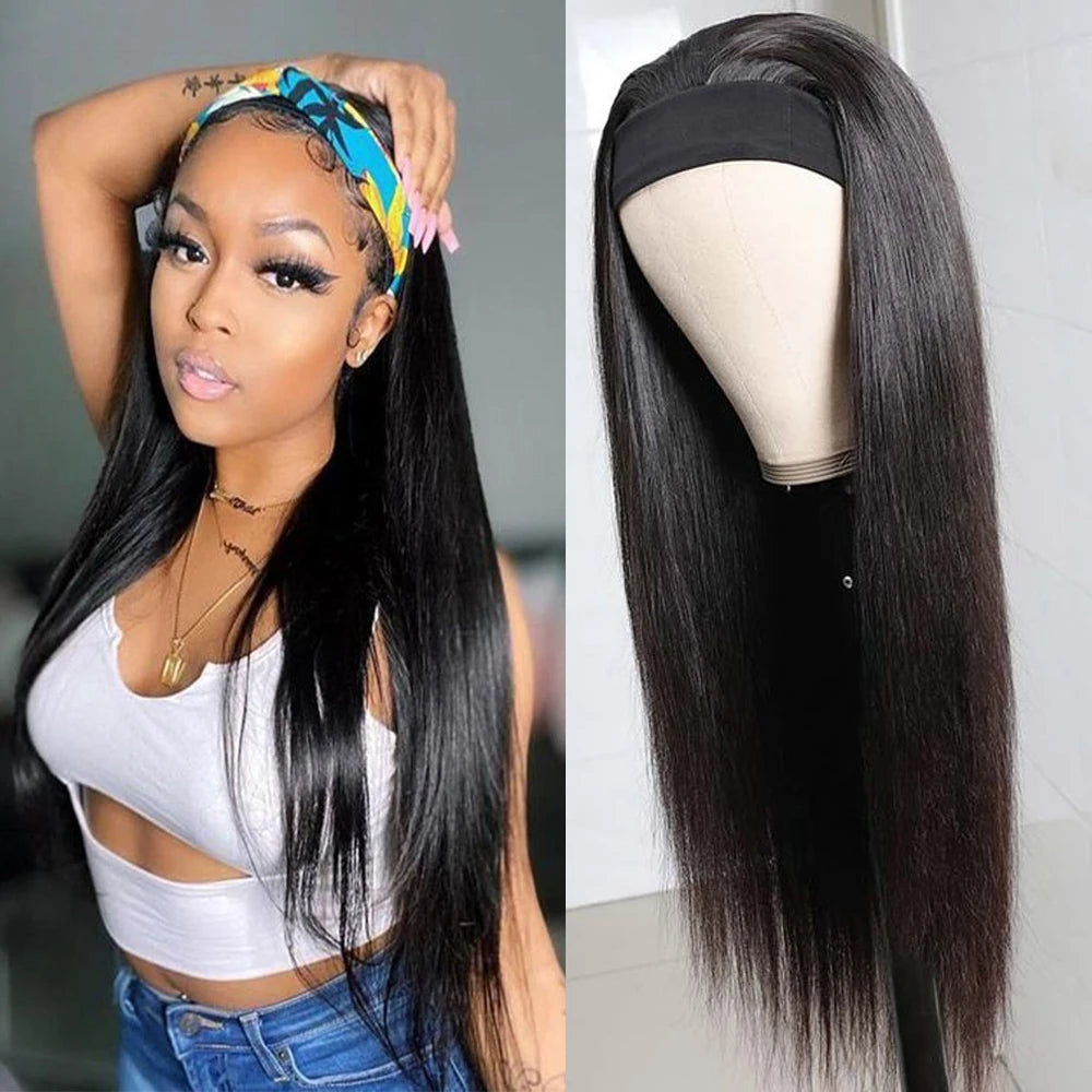 Straight Headband Wig Human Hair Full Machine Made Glueless Wig Brazilian Natural Hair Wig for Black Women 150% Density Remy