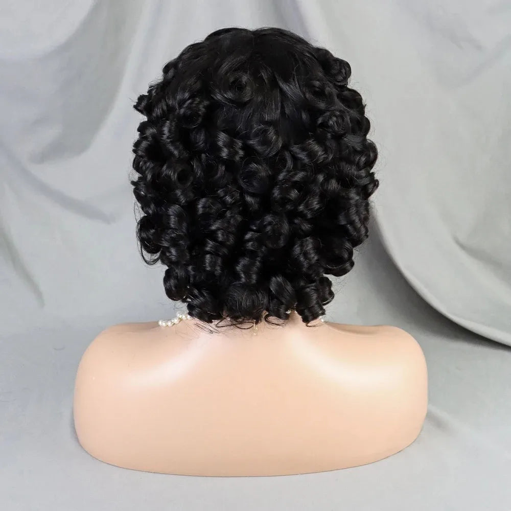 200% #4 Chocolate Brown Bouncy Curly Human Hair Wigs with Bangs Short Afro Kinky Curly Full Machine Made Wig Brazilian Remy Hair