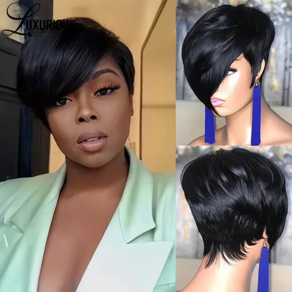 Straight Glueless Short Pixie Cut Wig For Women Wear And Go Pre Plucked Wigs Brazilian Virgin Remy Human Hair Machine Made Wig