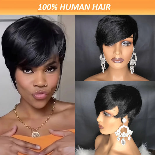 Short Straight Bob Wig Pixie Cut Wig Human Hair For Women With Bangs Brazilian Virgin Hair Non Lace front Cheap Wig Wholesale