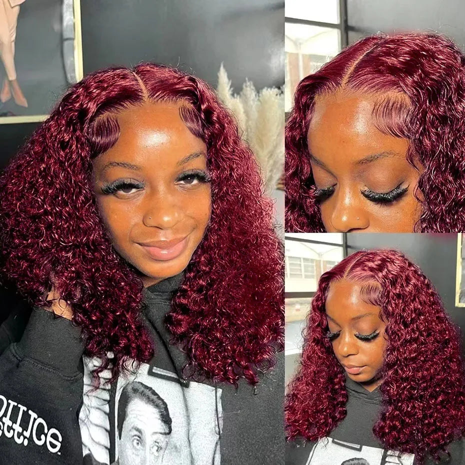 99J Burgundy Short Bob Wigs Human Hair 13x4 Lace Front Wig Deep Wave Pre plucked Transparent Lace Frontal Wig 250 Density