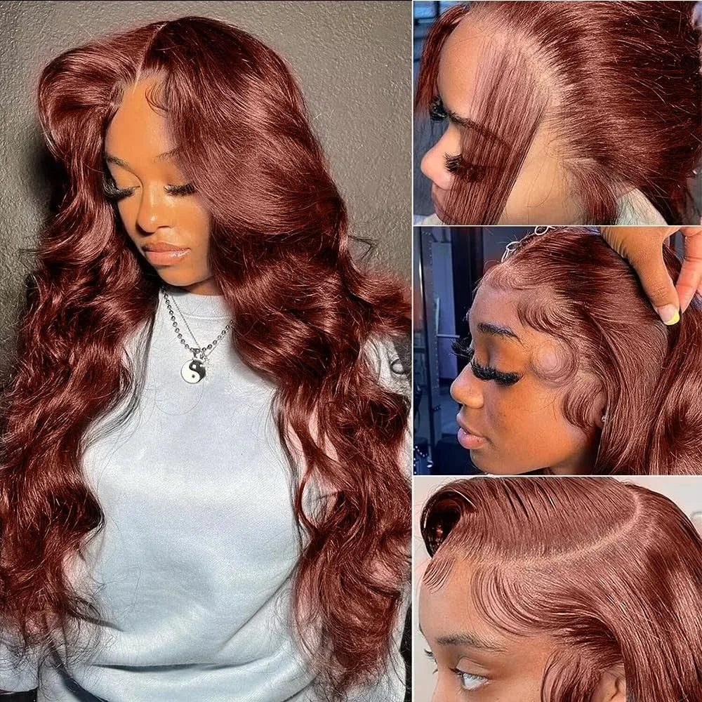 Reddish Brown 13x6 Lace Front Wigs Human Hair Pre Plucked 180% Density Body Wave Auburn Colored Human Hair Lace Frontal Wig