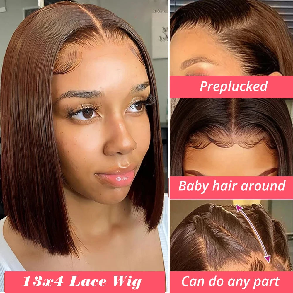 Brazilian Chocolate Brown Bone Straight 13x4 HD Transparent Lace Frontal Human Hair Wigs #2 Colored Short Bob Wig For Women 250%