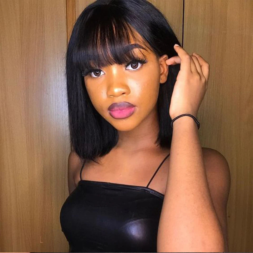 8-14” 180D Ready To Wear Straight Human Hair Bob Wigs With Bangs Fringe Brazilian Realastic Scalp Straight Lace Bob Wigs